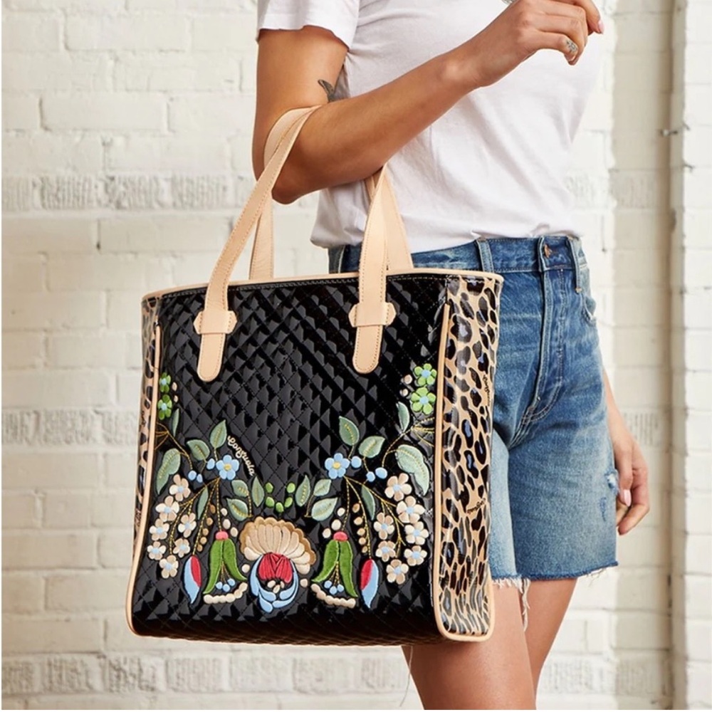Consuela Black and Tan Floral Tote